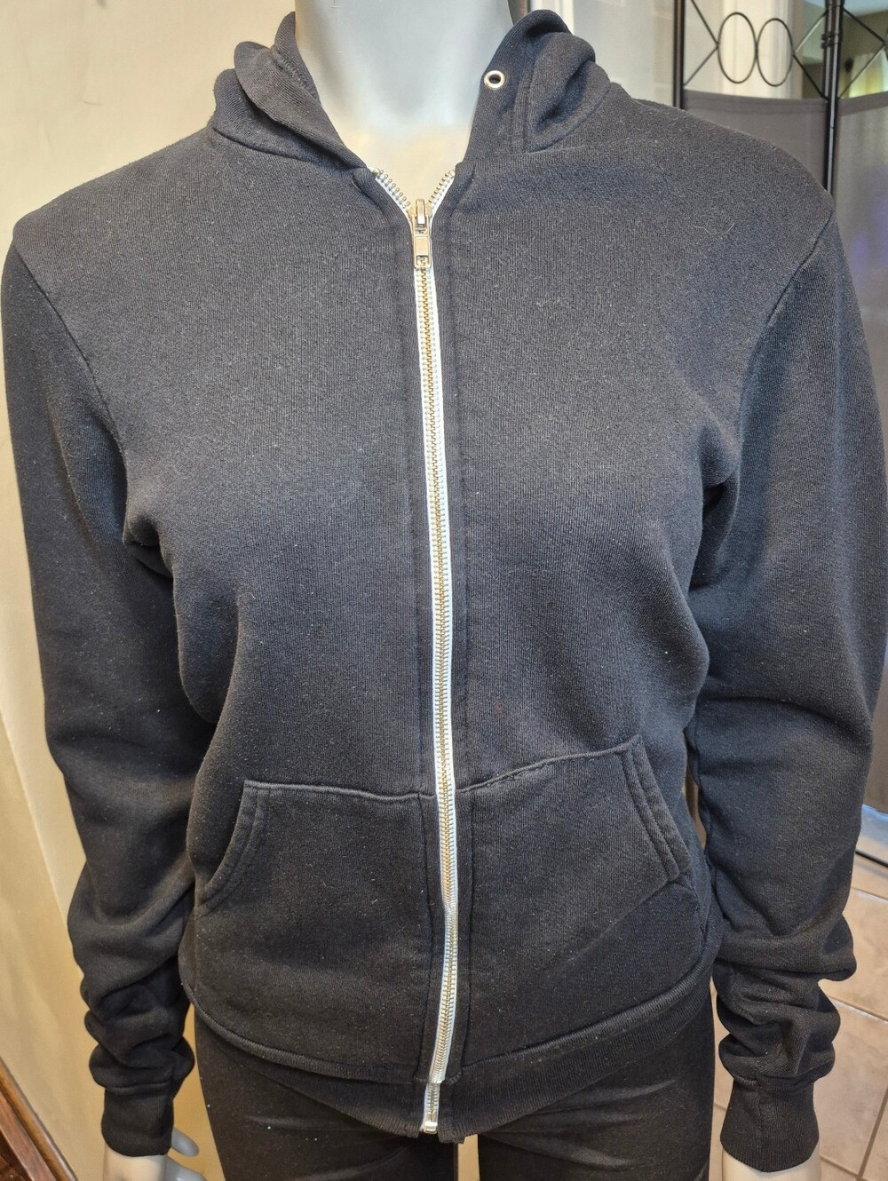 Black Zip-Up Hoodie with Hood and Front Pockets